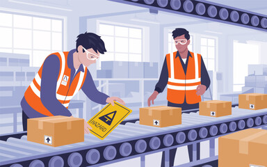 A modern flat vector illustration of workers applying hazard labels on a factory conveyor belt.