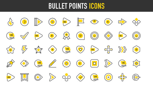 Bullet points vector icons. such as Arrow, Check, Bullet Point, Next, Number, Circle, Star, Plus illustration.	
