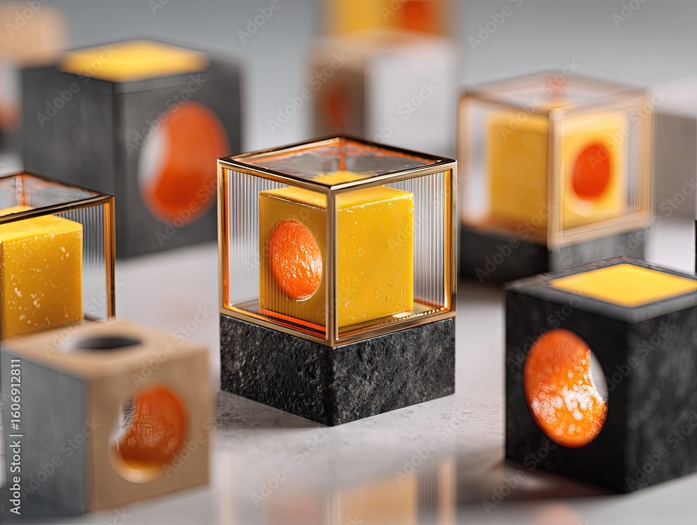 Poster abstract 3d composition of translucent golden-orange cubes with embedded spheres on textured black a