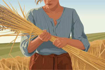 A flat vector illustration of a farmer woman holding a sheaf of wheat in a golden field