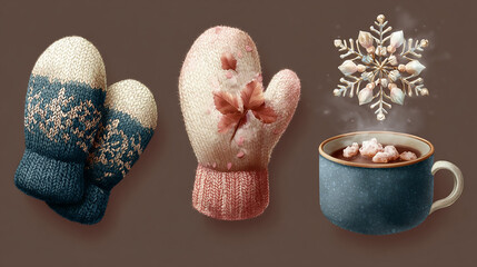 Cozy Winter Wonderland: Mittens, Hot Cocoa, and Snowflake Illustration