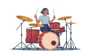 Young woman playing a red drum set. Female musician with drumsticks, a flat vector illustration.
