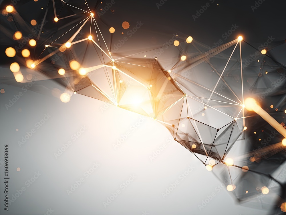 Poster abstract 3d glowing golden network with interconnected nodes and lines emitting radiant light agains
