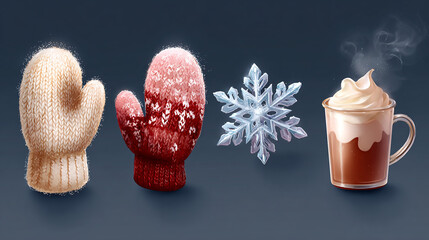 Winter Icons: Cozy Mittens, Snowflake, Hot Chocolate – Perfect for Festive Designs & Holiday Branding