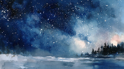 Winter Night Sky: Watercolor Painting of Stars, Galaxy, and Snowy Landscape