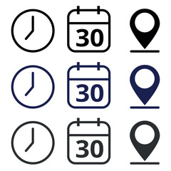Collection of black, gray, and dark blue event icons isolated on a transparent background for websites and graphic resources. Calendar with specific day of the event marked, day 30.