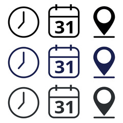 Collection of black, gray, and dark blue event icons isolated on a transparent background for websites and graphic resources. Calendar with specific day of the event marked, day 31.
