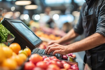 A man in a produce room is using a laptop computer to manage inventory or sales.