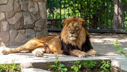 Naklejka premium Lion resting in enclosure