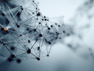 Close-up abstract 3D visualization of complex interconnected black nodes and lines forming dynamic network mesh on blurred blue gradient background
