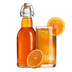 refreshing orange juice bottle and glass isolated on white background