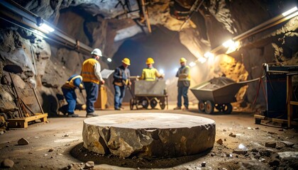 Mine workers inspect stone in tunnel