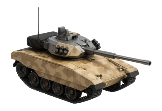 Desert-camouflaged main battle tank with smoke grenade launchers on the turret