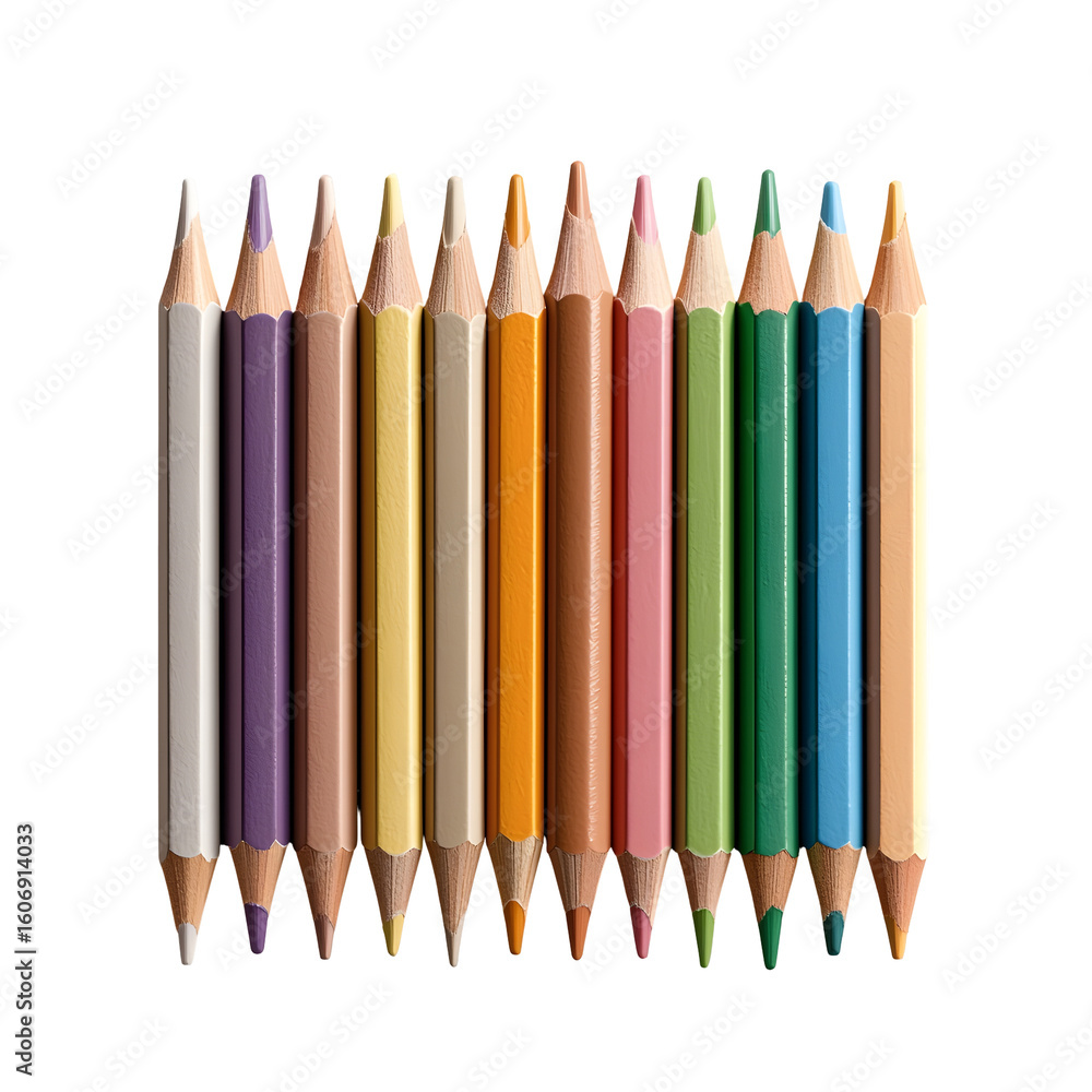 Poster a symmetrical arrangement of various colored pencils in a rainbow of hues neatly aligned in a row ag