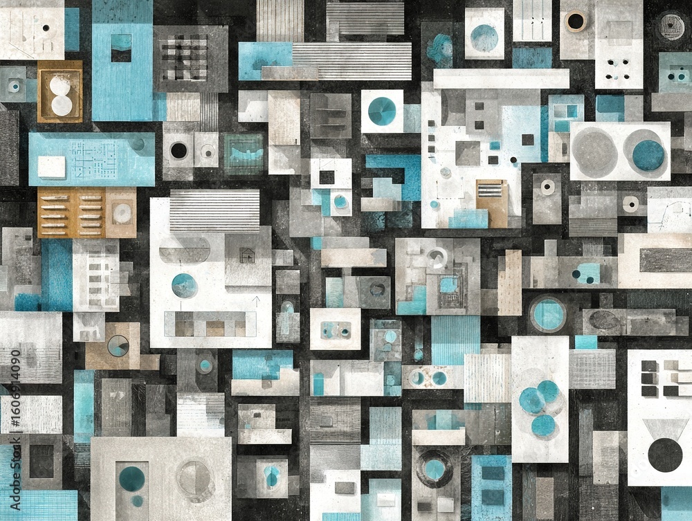 Poster abstract aerial view of densely arranged modern architectural blocks in muted gray and blue tones cr
