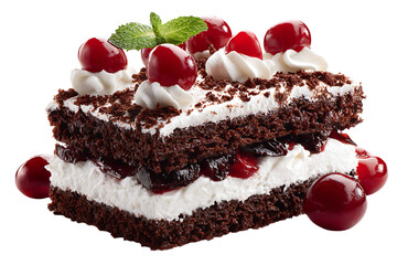 A decadent slice of black forest cake with fresh cherries and cream on transparent background