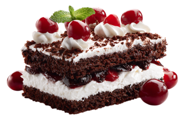 A decadent slice of black forest cake with fresh cherries and cream on transparent background
