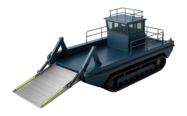Tracked towing ferry with hydraulic ramp and reinforced hull