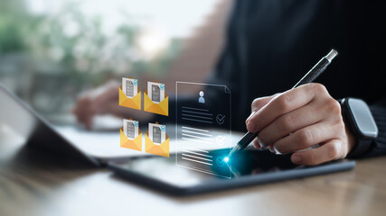 Hand using a stylus on a tablet with digital documents and verified envelope icons, symbolizing e-signature, document verification, and online identity.