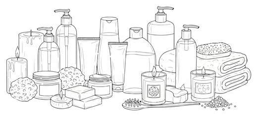 Fototapeta premium Line Art Self Care Skincare Bath Routine Vector Set