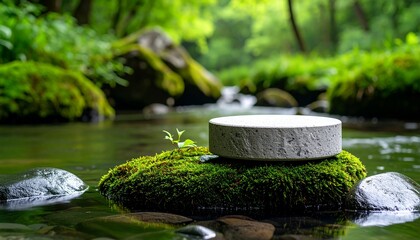 Mossy stone platform amidst tranquil stream