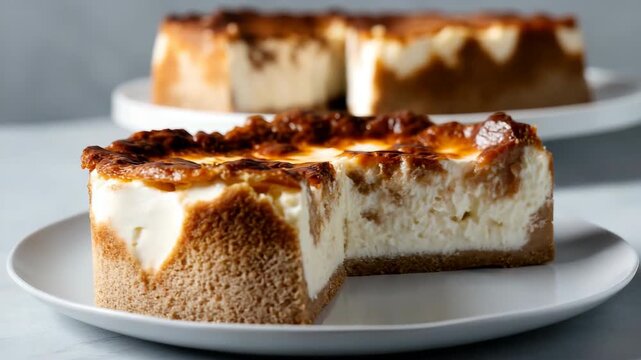 A slice of cheesecake is cut in half and placed on a white plate. The plate is on a table