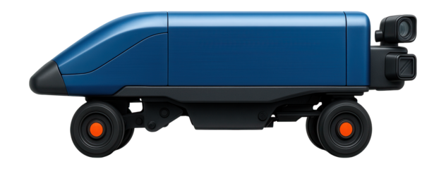 Blue and gray rail inspection unit with a streamlined front and rear-mounted sensors