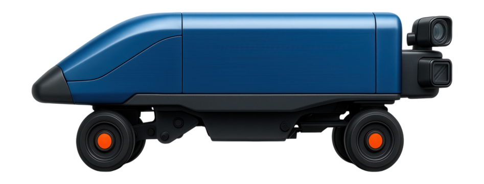 Blue and gray rail inspection unit with a streamlined front and rear-mounted sensors