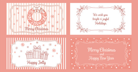 Hand drawn ink drawing Merry Christmas vintage card set