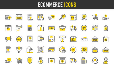 E-commerce vector icons. Weight, Favourite, Customer Review, Guarantee, Headset, Warehouse, Hand, Open, Shield, Medal, QR Code, Truck, Money Bag, Sale, Coupon, Book illustration.