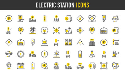 Electric station vector icons. Electric Power, Electric Tower, Map, Charging, Empty Battery, Recycle, Renewable Energy, Money, Gauge, Maintenance, No Fire, Low illustration.	
