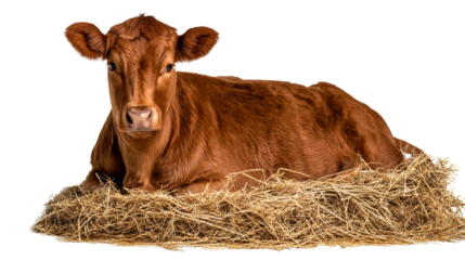 Resting auburn calf lies peacefully on pile of hay, cut out transparent