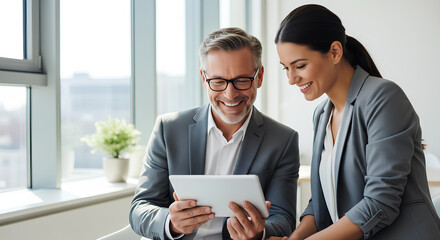 Business colleagues sharing a laugh over a tablet. Male executive and young female employee. Ai Generative