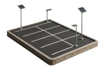 Surface parking lot with marked spaces and solar-powered lights