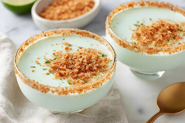 Two creamy green desserts garnished with toasted coconut on a marble surface.