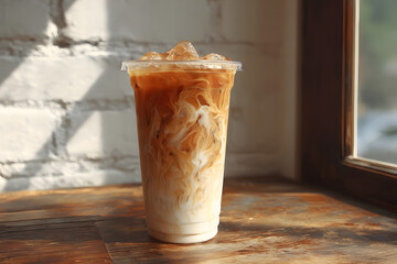 Iced Coffee Beverage in a Plastic Cup on a Table by the Window in Natural Light