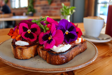 Floral Toast: Artisan bread topped with cream, jam, and edible flowers, a cafe delight.