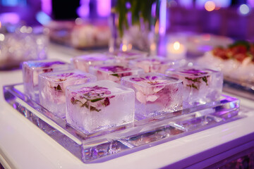 Floral Ice Cubes: Frozen Flowers in Ice, a decorative party detail, purple lighting