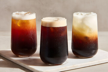 Refreshing layered iced coffee drinks presented on a marble surface, ready to enjoy.