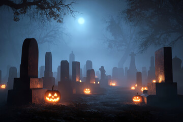 Foggy graveyard with old tombstones, jack-o'-lanterns glowing among the mist, eerie evening light.