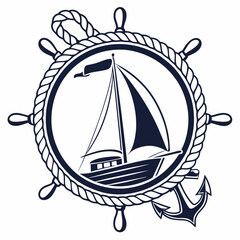 Dark blue sailboat anchor and ship wheel emblem on white background nautical marine