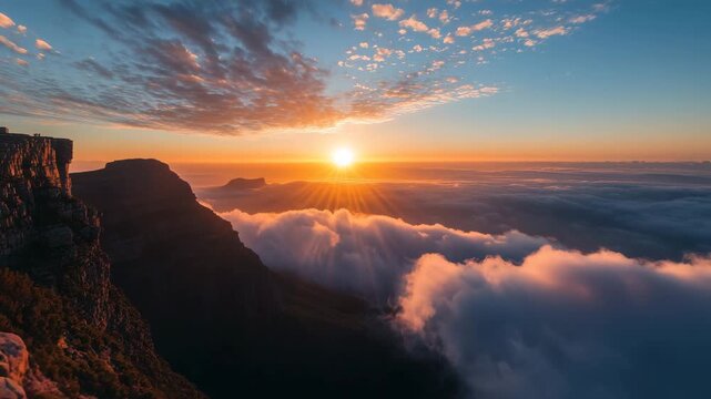 A breathtaking sunrise over Table Mountain in Cape Town with the sun rising above a sea of clouds and mist from below