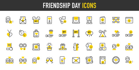 Friendship Day vector icons. Girl, Infinite, Boy, Hug, Phone Call, Cheers, Love, Hearts, Greeting Card, Camping Tent, Chat, Balloons, Fingers, Best Friend, Gift illustration.