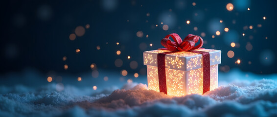 Boite-cadeau blanche illuminée centrée avec bolduc rouge, isolée sur un lit de neige, entouré de flocons et paillettes dorés. Fond bleu nuit, invitation aux fêtes de fin d'année  | Noel carte cadeau