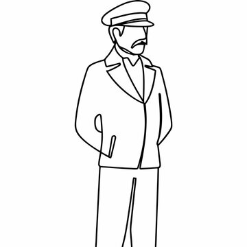 recommend clip art: Line art illustration of a man in a captain's hat and jacket with a mustache person uniform