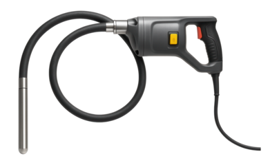 Electric concrete poker vibrator with a flexible shaft and steel head for use in large-scale construction projects.