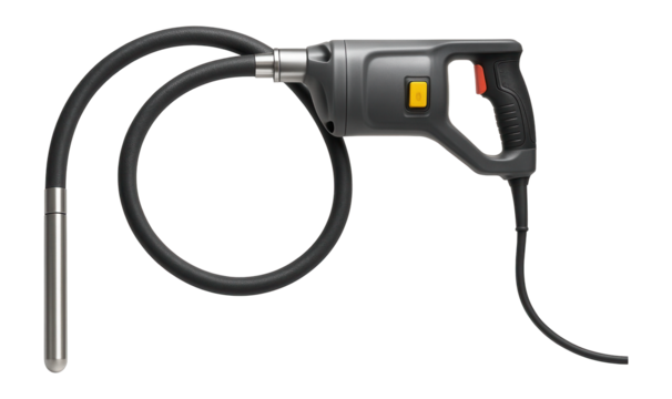 Electric concrete poker vibrator with a flexible shaft and steel head for use in large-scale construction projects.