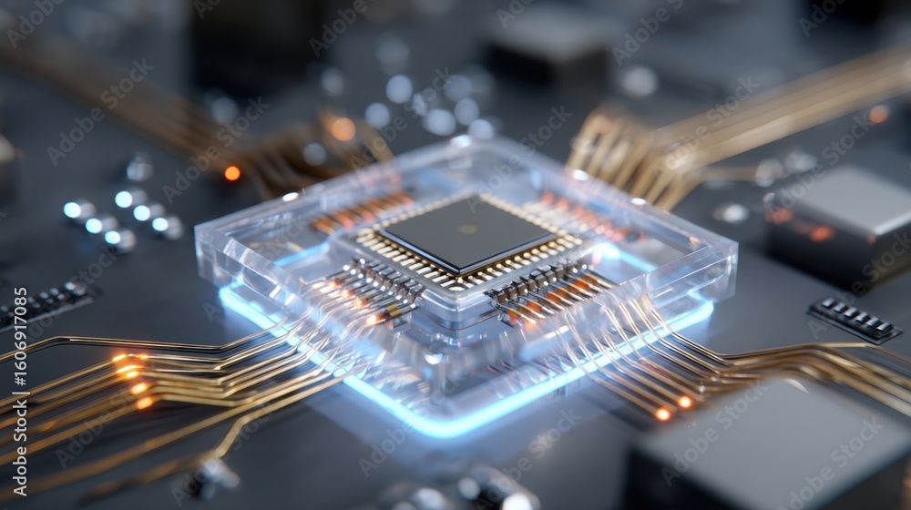 Poster complex network of golden wires connecting to a microchip encased in transparent material, glowing w