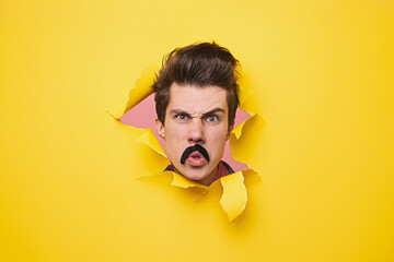 Young man with a humorous expression peeking through a torn yellow paper background, wearing a fake mustache as a humorous gesture. The bold contrast of colors and subject creates a quirky and fun
