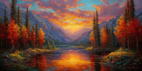 Naklejka premium Autumn Sunset Mountain Lake Landscape Painting